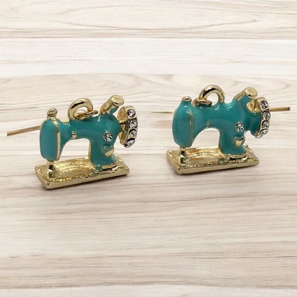 Vintage Sewing Machine Earrings Turquoise Enamel Pierced Hobby Seamstress Gift - Picture 5 of 8